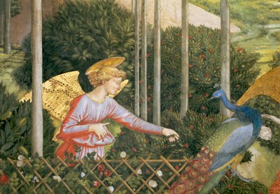 Engel die een pauw voedt, detail van de Reis van de Wijzen cyclus in de kapel, ca. 1460 (detail) door Benozzo di Lese di Sandro Gozzoli